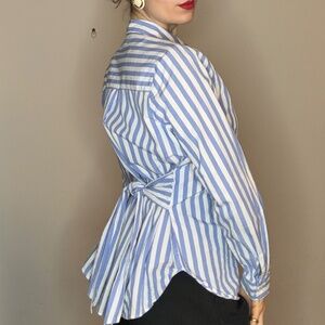 Chic Striped Button Down Shirt with Waist-Cinching Tie by Who What Wear